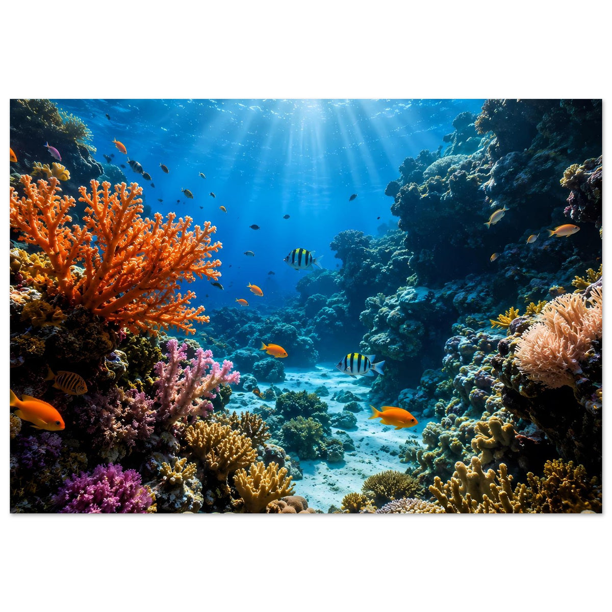 Unterwasser-Poster mit Korallenriffen, bunten Fischen und tiefblauem Meeresgrund