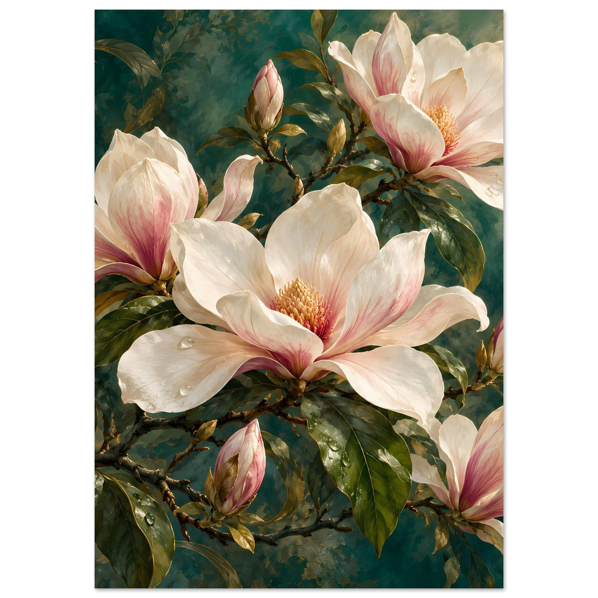 Floralposter mit zentraler Magnolienblüte, cremefarbenen Blütenblättern und rosa Kanten, gerahmt