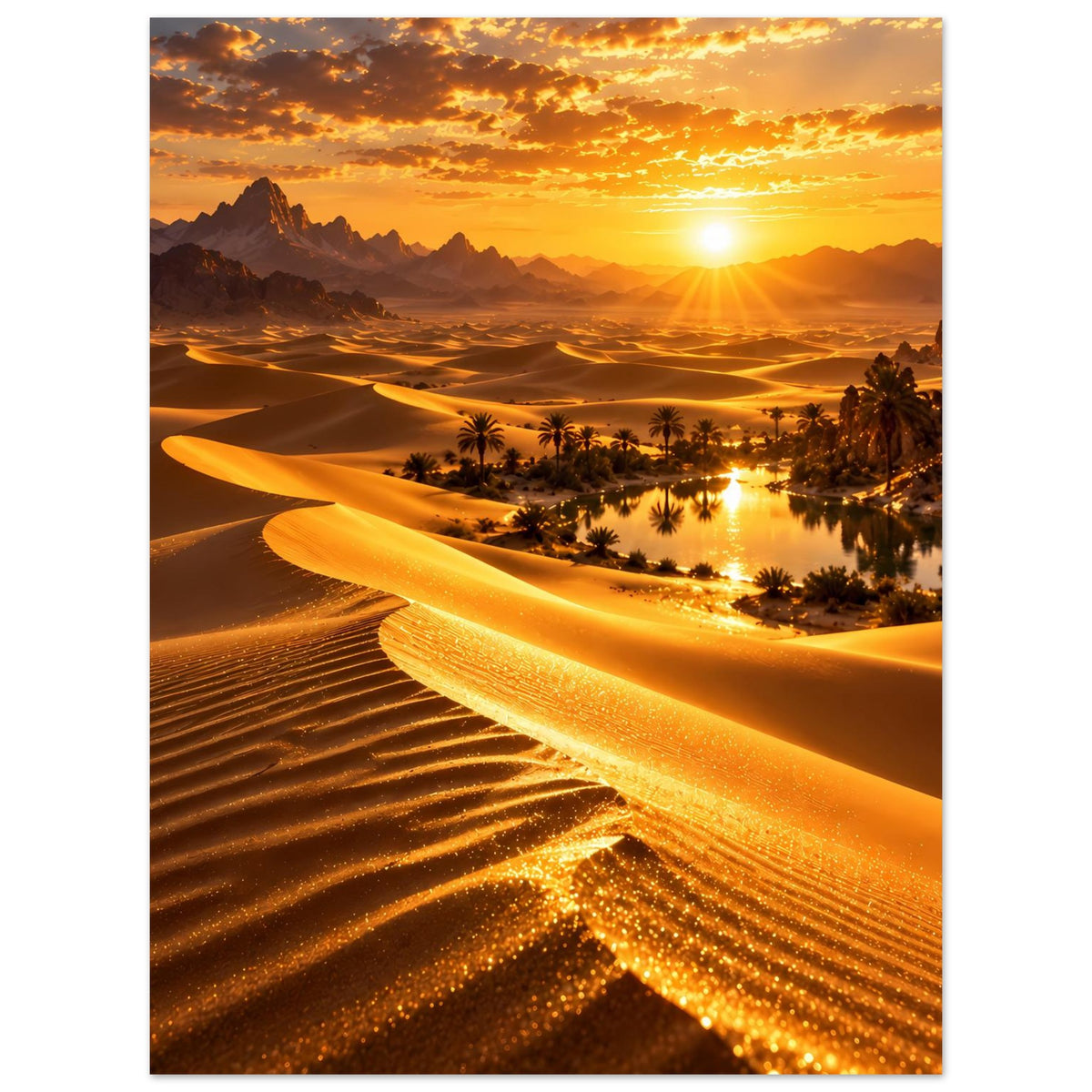 Wüstenlandschaft-Poster: Sanddünen, Oase mit Palmen und goldener Sonnenuntergang (Hochformat)