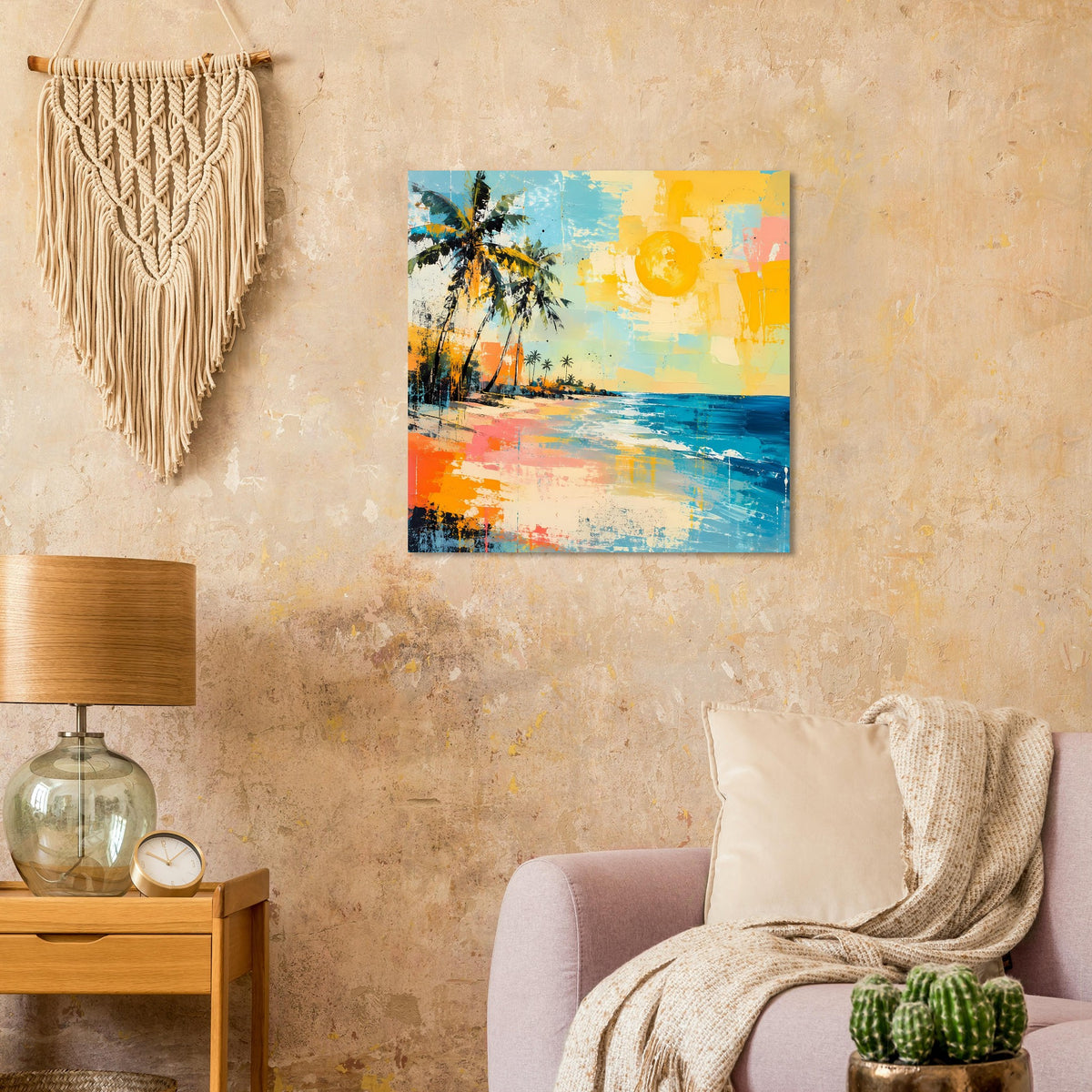 Quadratisches Tropical-Beach-Poster mit Palmen, Wasser und leuchtender Sonne, bunt