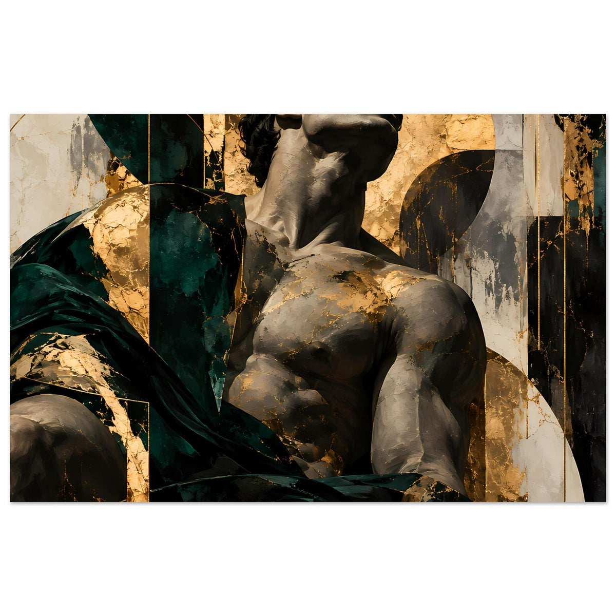Kunstposter: Barockskulptur eines Mannes in Grau mit dunkelgrüner Draperie und Goldakzenten