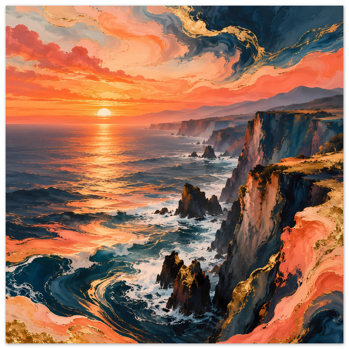 Quadratischer Posterdruck: Küste mit Klippen, Meeresschaum und orangeblauer Abendstimmung