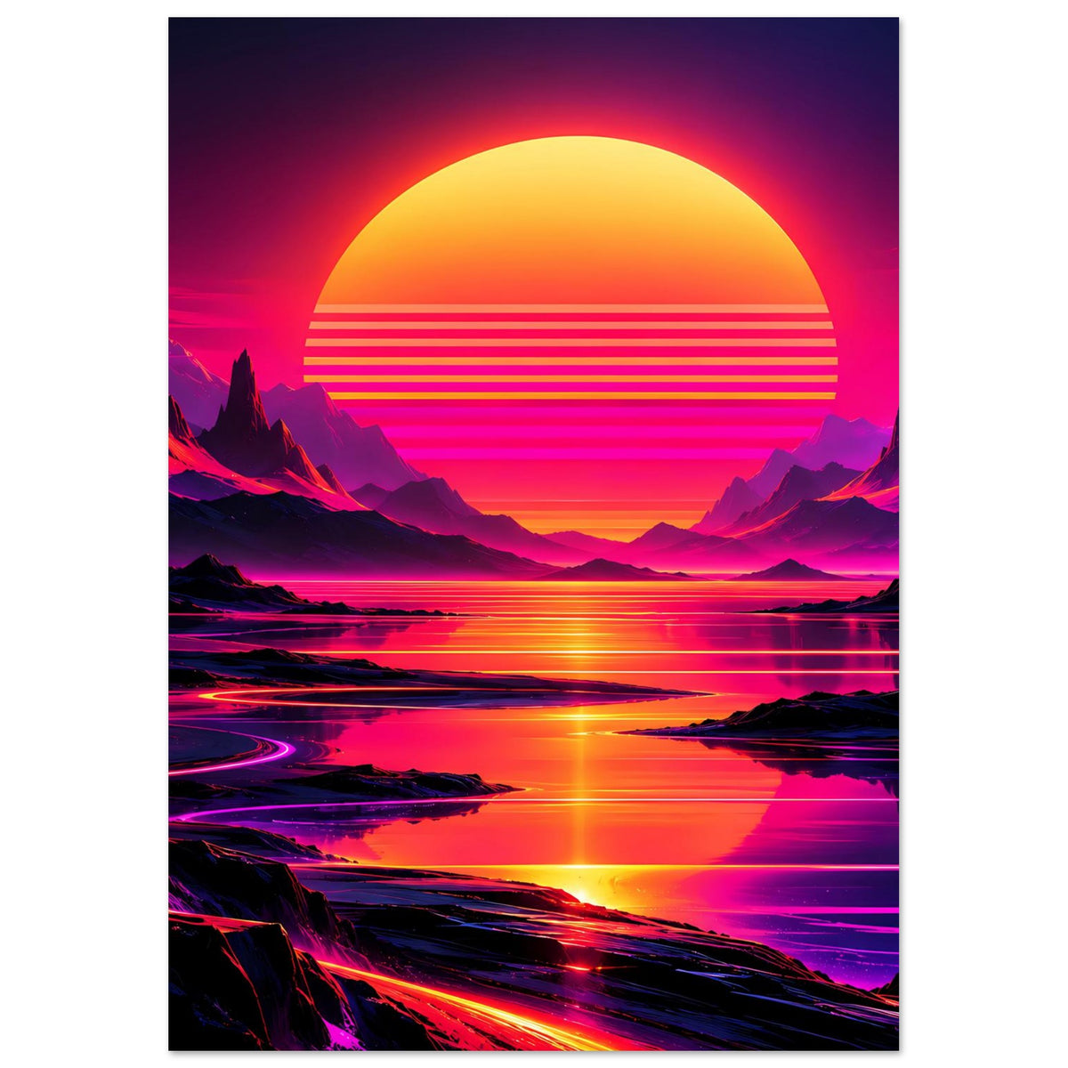 Neon-Poster im Hochformat mit retro Sonnenuntergang, Berge und Spiegelungen im Wasser