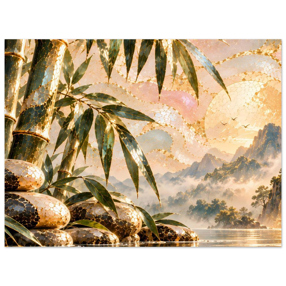 Zen-Wasserfall-Poster: Bambusblätter im Vordergrund, Steinhaufen am Ufer, Wasserreflexionen