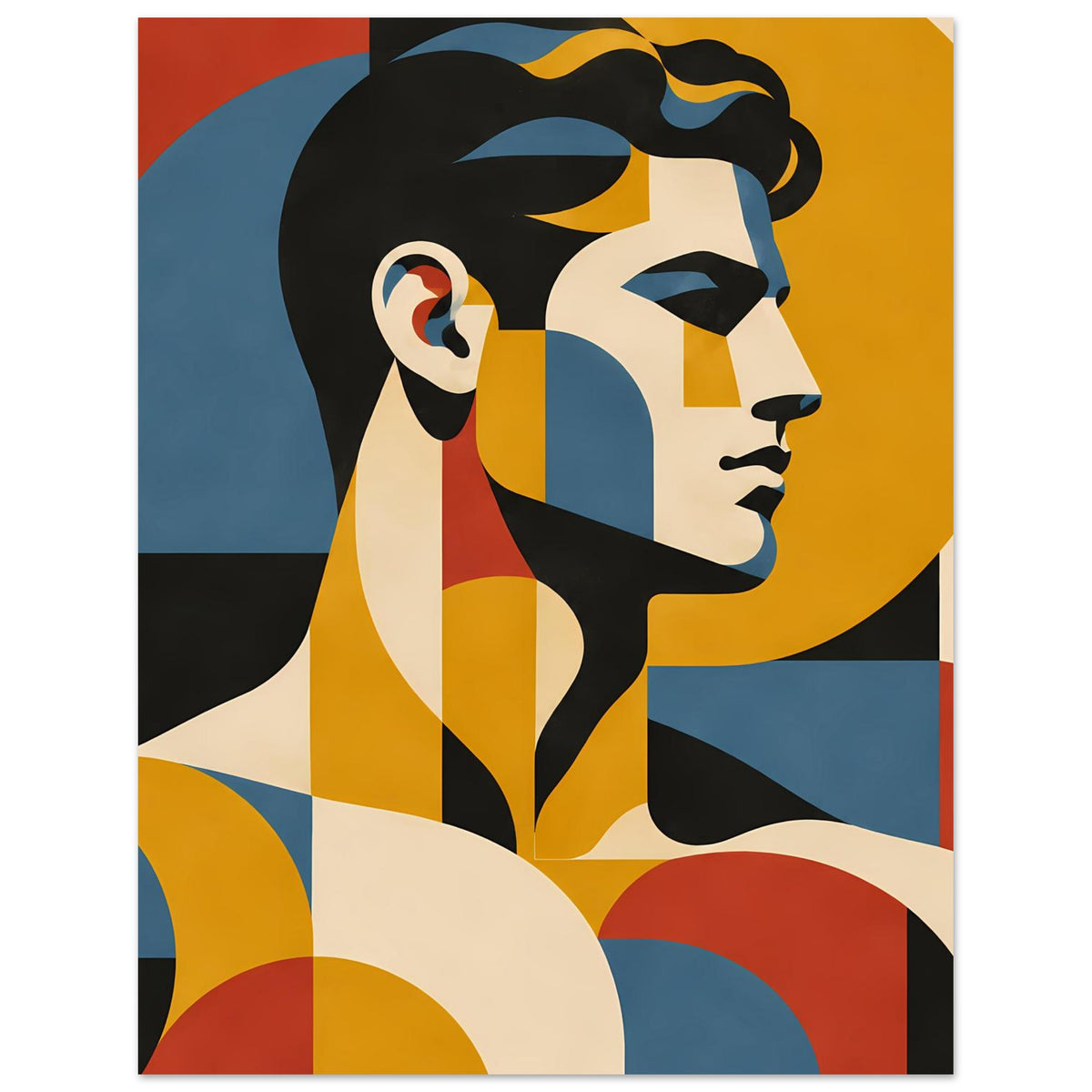 Geometrisches Portrait-Poster mit seitlichem Frauenprofil, gelben und blauen Farbflächen