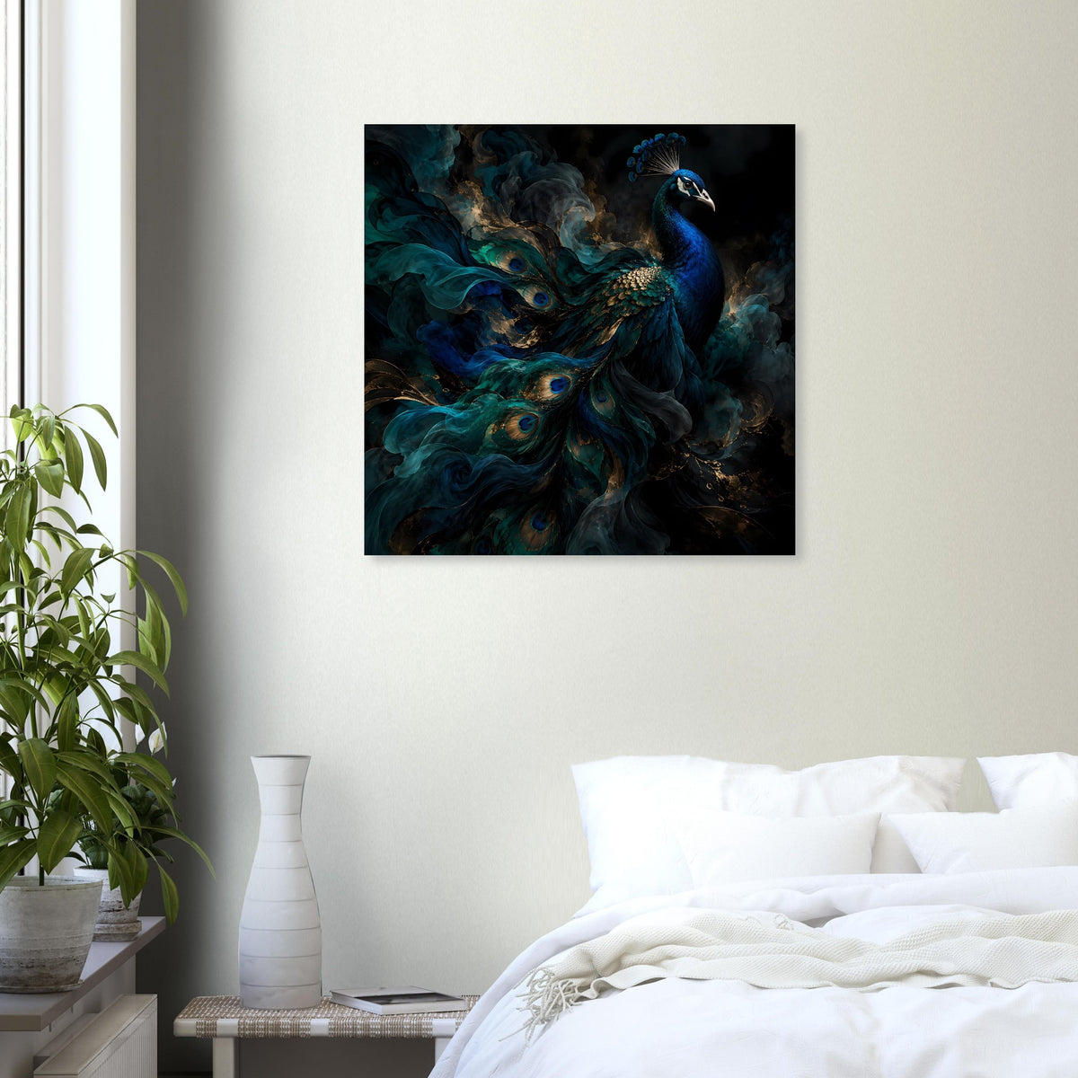 Quadratisches Kunstposter mit Pfau in Blaugrün, vernebeltem Farbverlauf