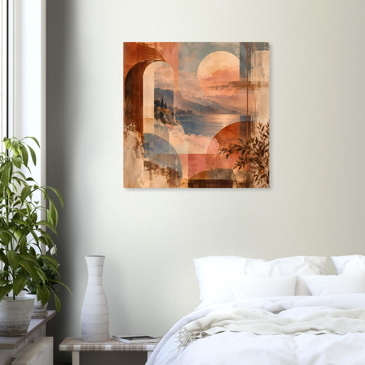 Quadratisches Landschaftsposter mit abstrakter Küste im Sonnenuntergang in warmen Erdtönen.