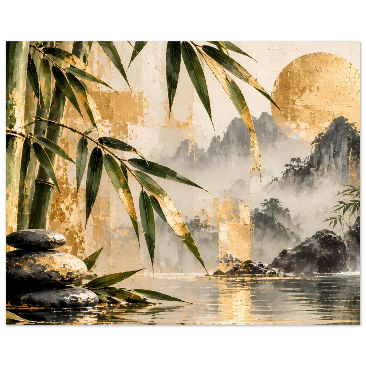 Bambus-Wasserfallposter mit Wasserflächen und Steinen vorne, goldene Farbverläufe und Nebelberge