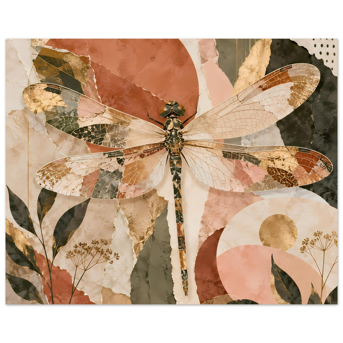 Libellen-Poster im Boho-Stil, horizontal: Libelle mit floralen Collage-Elementen