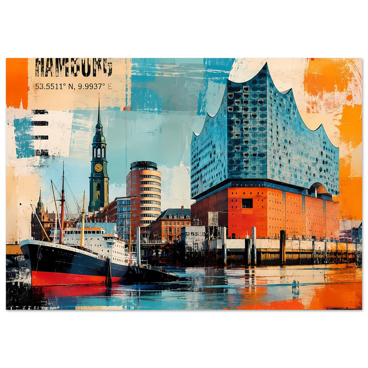 Hamburg-Hafen Poster mit Elbphilharmonie, türkis-orange Grafik, Leuchtturm links