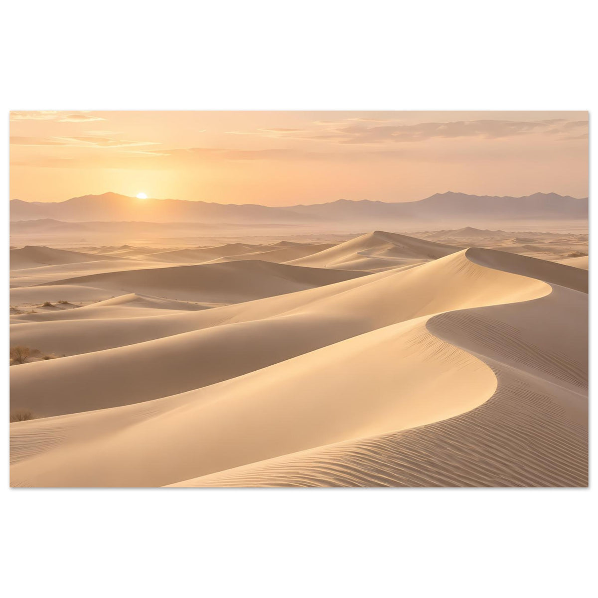 Horizontales Wüstenposter mit goldenen Wolken über weiten Sanddünen