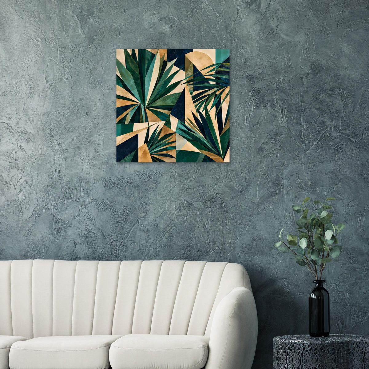 Quadratisches Kunstposter mit geometrischem Tropenblatt-Motiv in Grün und Gold