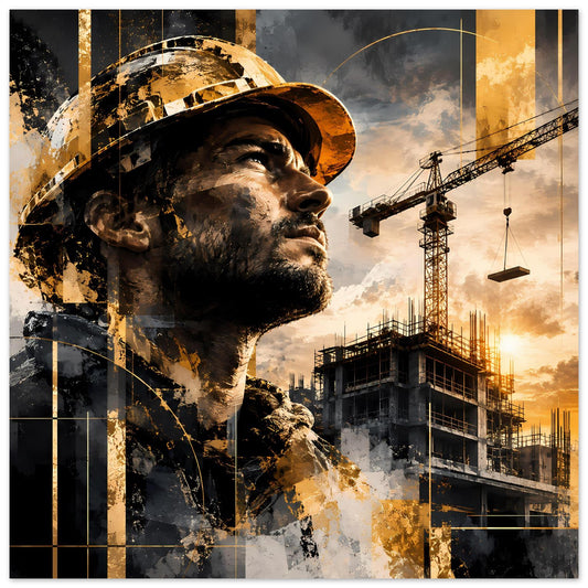 Poster mit Bauarbeiter-Porträt im Hut, umgeben von Baukränen, Gold- und Graueffekten