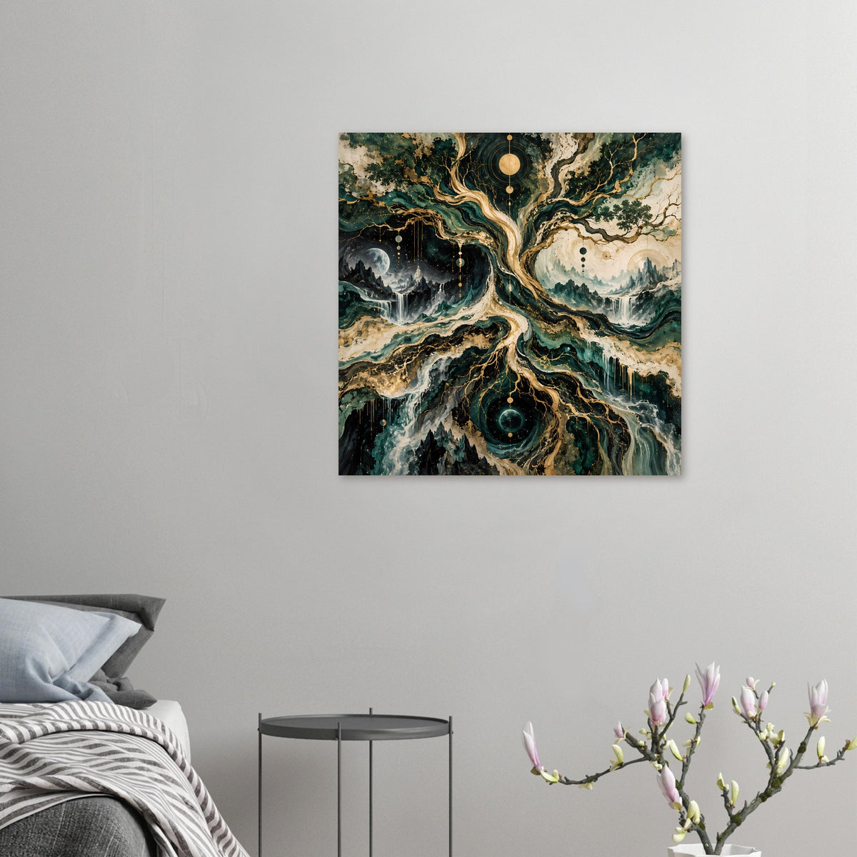 Kleines Quadratposter mit mystischem Baum, goldgrünen Ästen, Mond und leuchtenden Kreisen