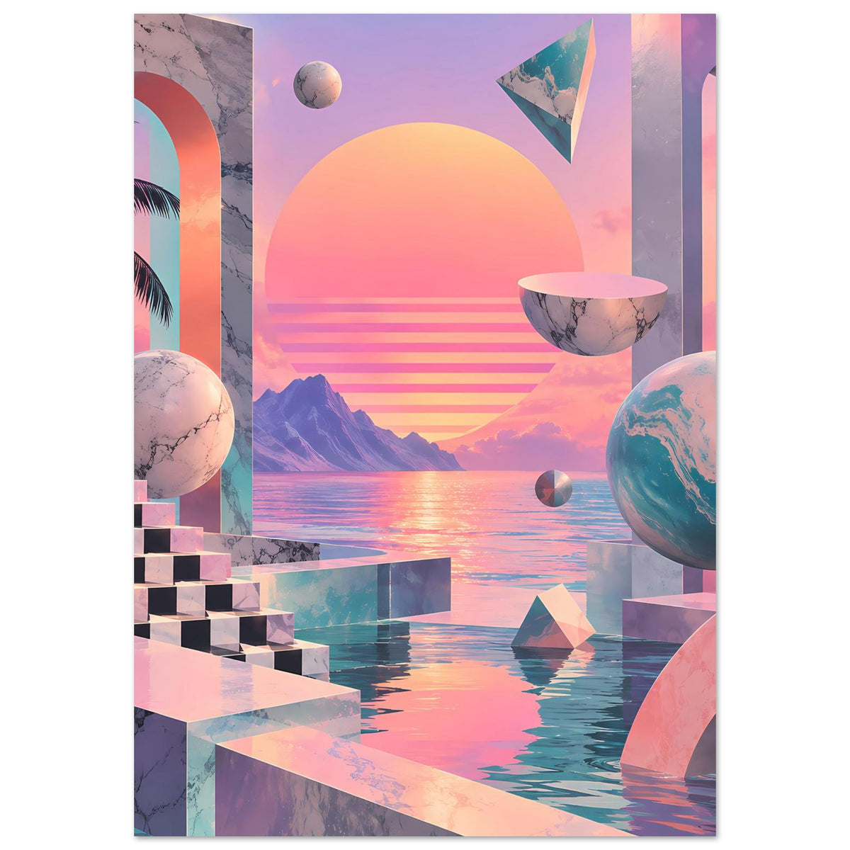 Vertikaler Kunstdruck mit Sonnenkreis, Wasserblick, schwebenden Formen und Planeten