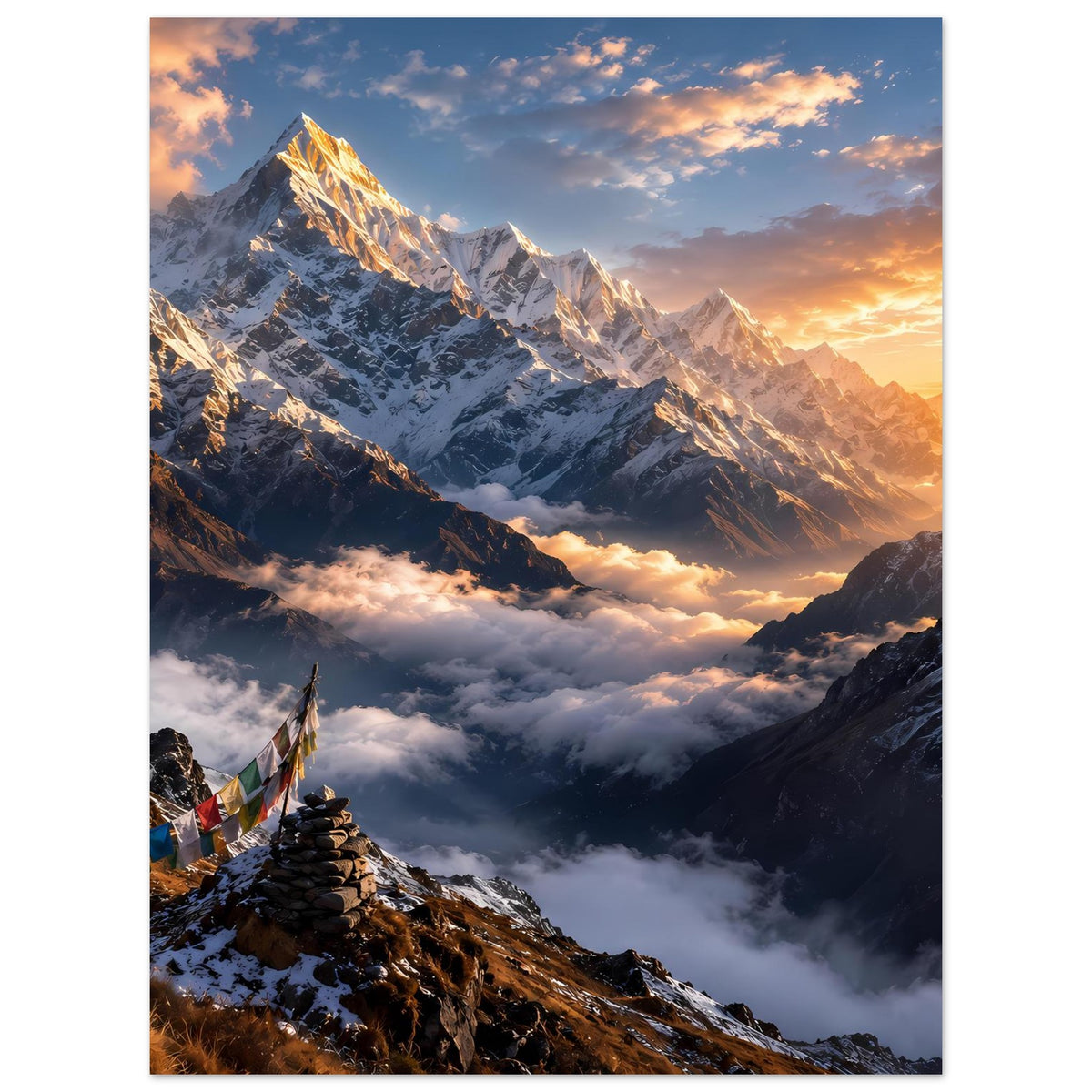 Poster mit dramatischer Himalaya-Berglandschaft bei Sonnenaufgang und Gebetsfahnen