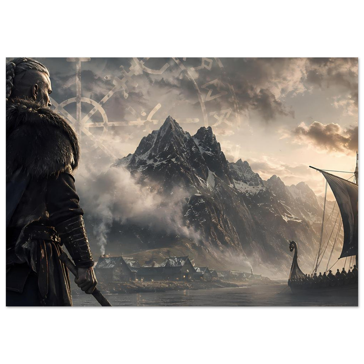 Horizontales Poster mit Kriegerprofil links, Langschiff rechts, Gebirge im Dunst.