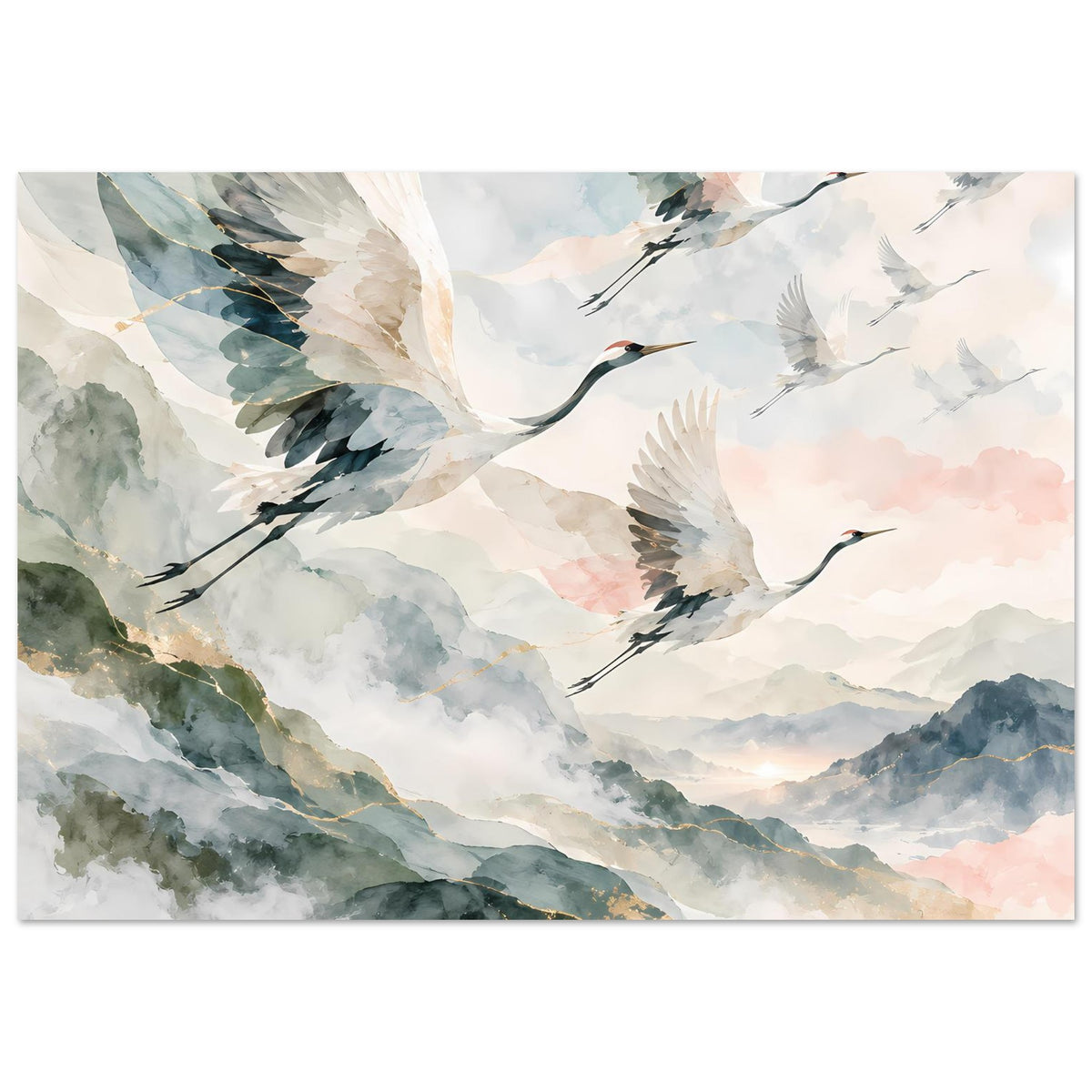 Horizontales Poster mit fliegenden Kranichen in Aquarellfarben und goldfarbenen Akzenten