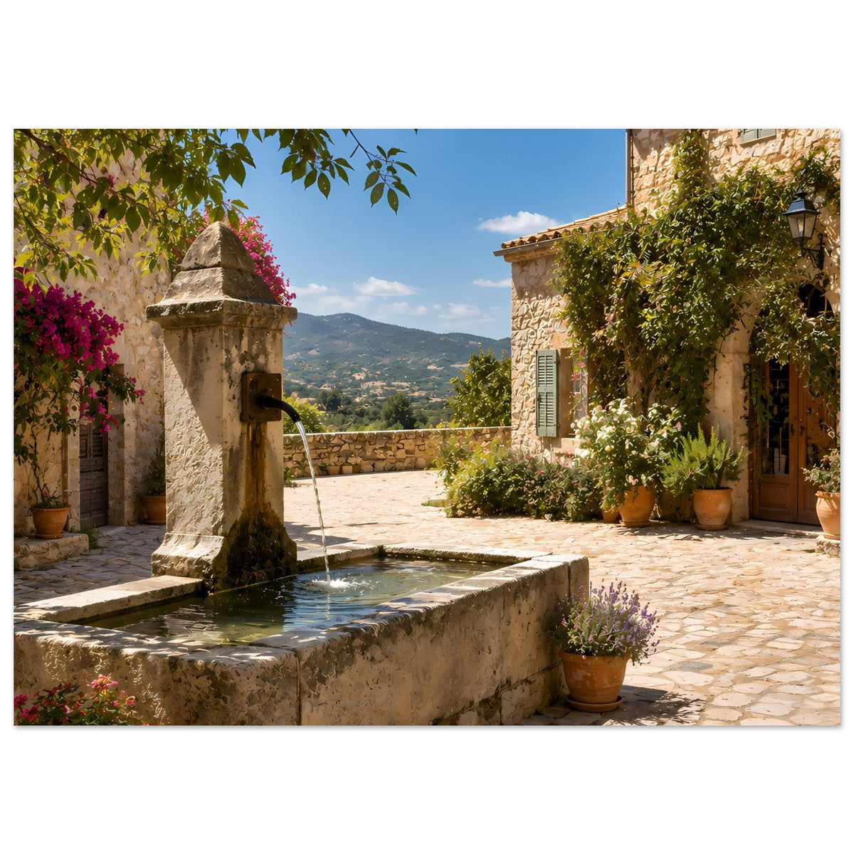 Poster mit Steinfelsbrunnen im mediterranen Innenhof, Wasserschale und Pflanzenkübeln