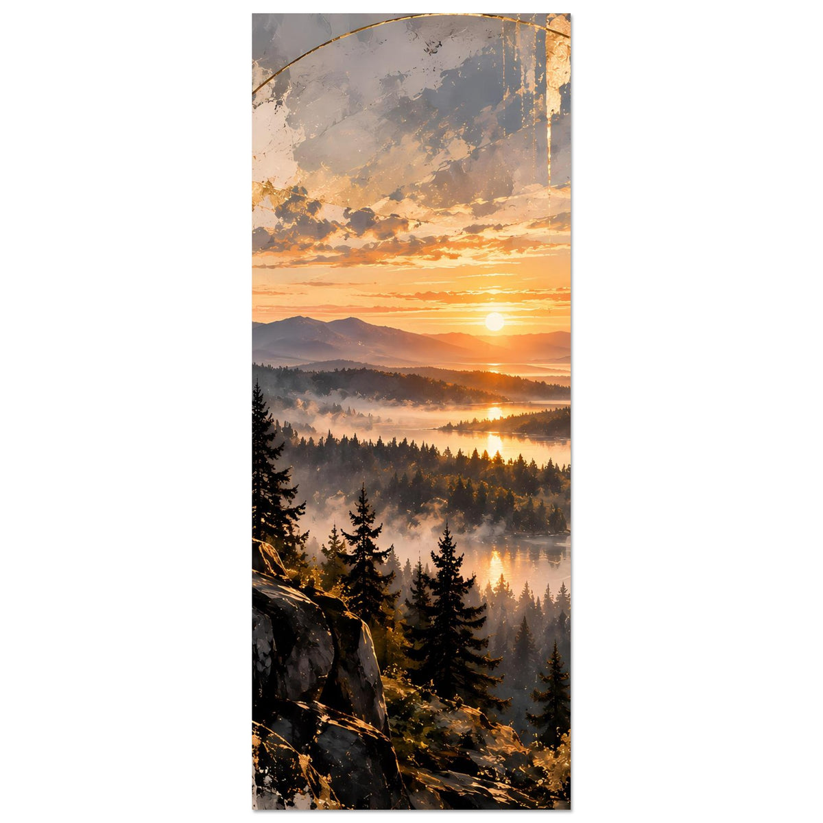 Schmales Hochformat-Landschaftsposter mit Sonnenaufgang über Tannenwald und Morgennebel