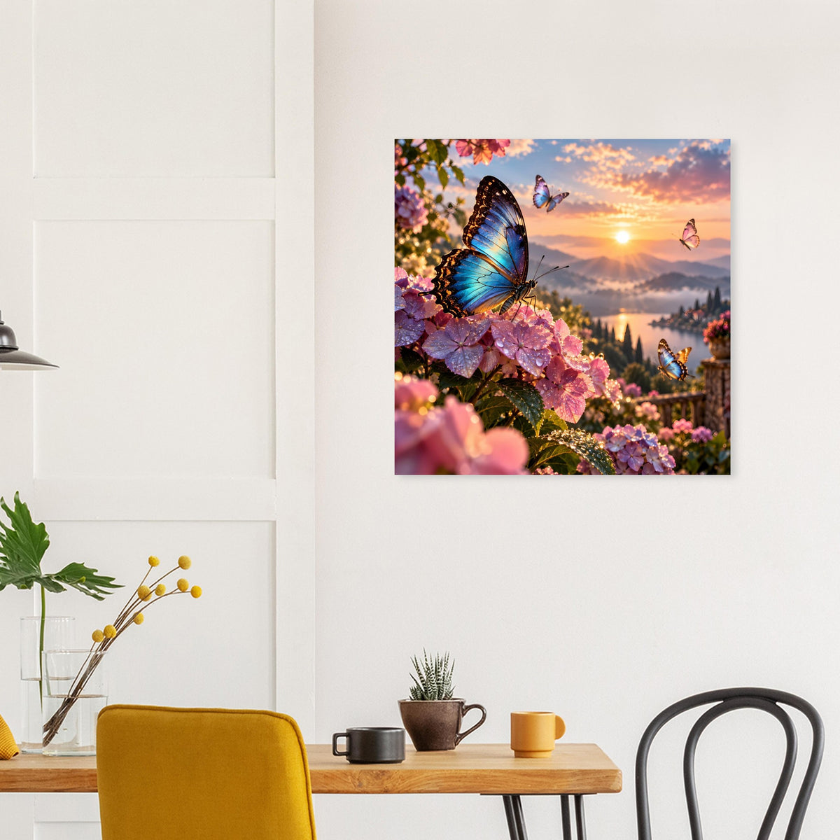 Poster mit blauem Schmetterling auf rosa Blüten und Sonnenuntergang im Rahmen