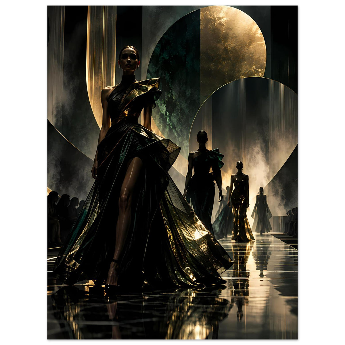 Poster: schwarze Modefiguren im Raum mit goldenen Lichteffekten und großen Kreisformen