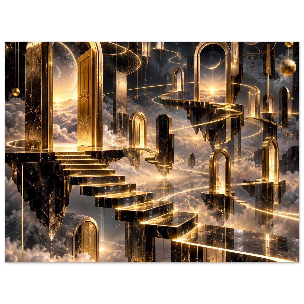 Premium-Poster mit golden-schwarzem Himmel-Motiv und schwebenden Säulen, Bögen und Treppen