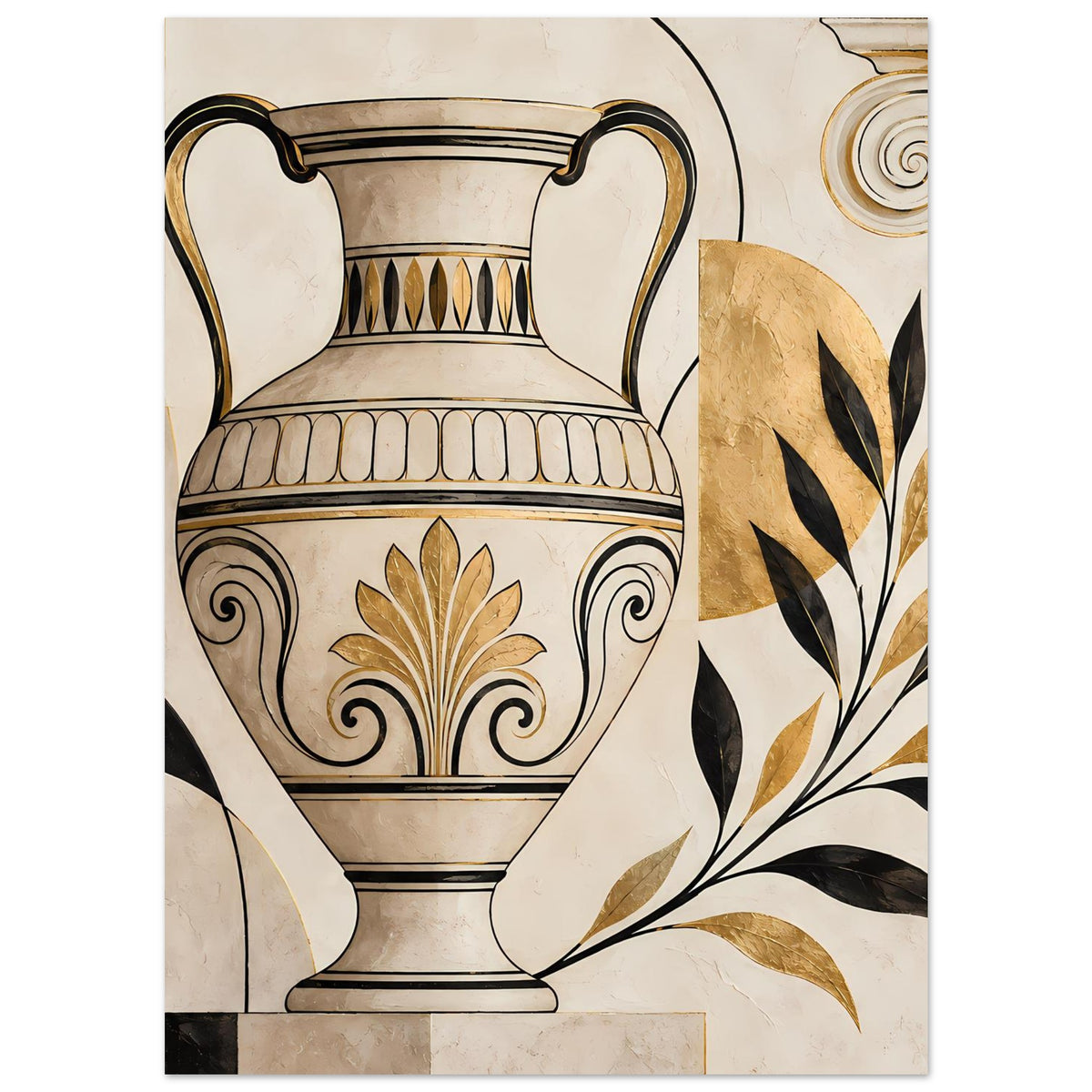 Wandposter mit antiker Amphore und goldener Lotus-/Flammenzier, seitliche Blattornamente.