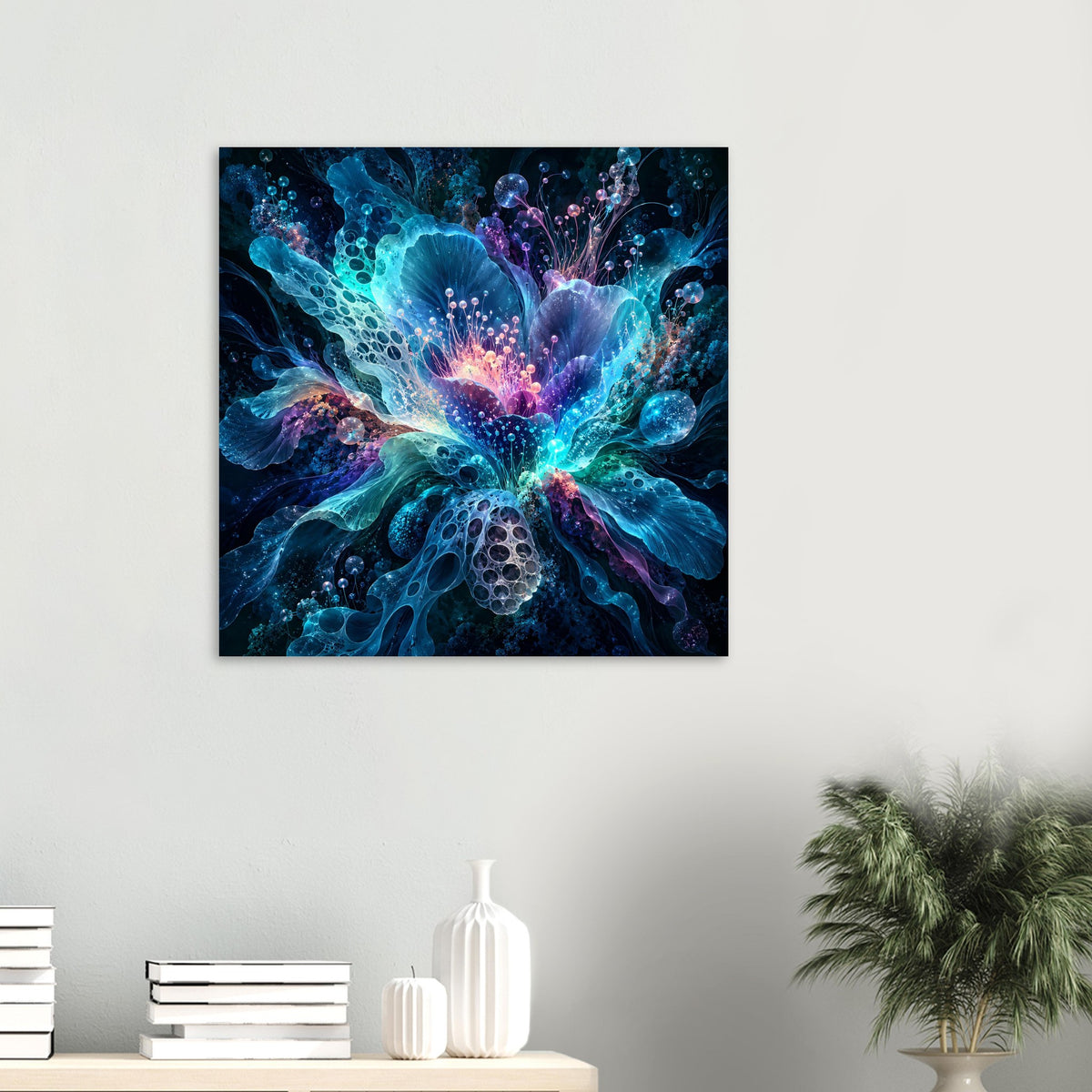Leuchtendes digitales Blumenposter, quadratisch wirkend, blau-violettes Blütenmotiv mit Glanz