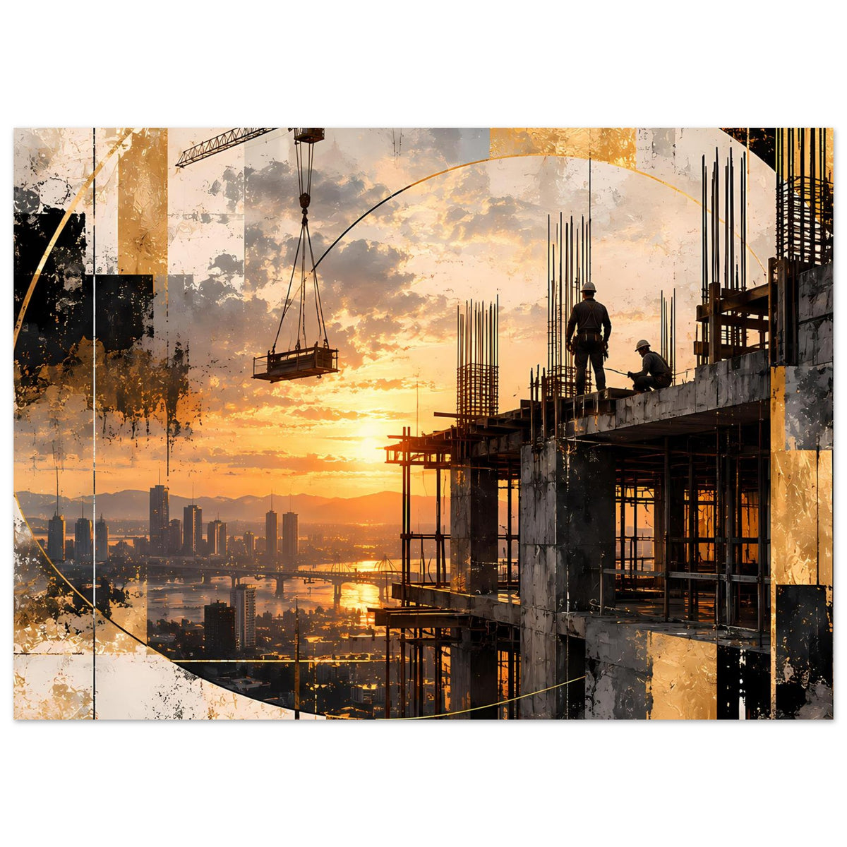 Gerahmtes Poster mit Baustellenarchitektur, Zielen im Hintergrund und Sonnenuntergang, horizontal