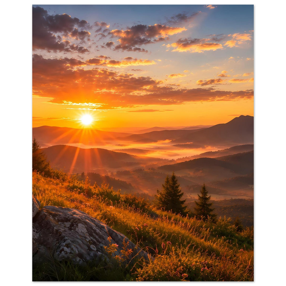 Landschaftsposter im Hochformat mit Sonnenaufgang, orange Wolken, weite Täler und Tannen