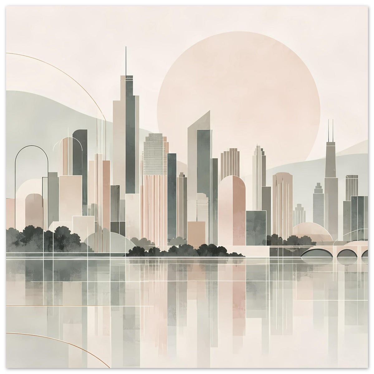Stadtposter: Skyline im Pastell mit großer Sonnenscheibe und Wasserreflexion
