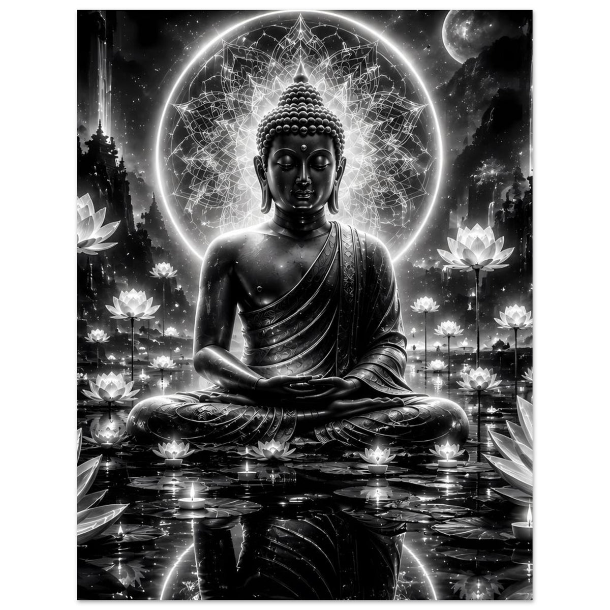 Buddha-Poster im Meditationssitz, schwarzweiß, hochformat mit Lotusblüten rechts und links