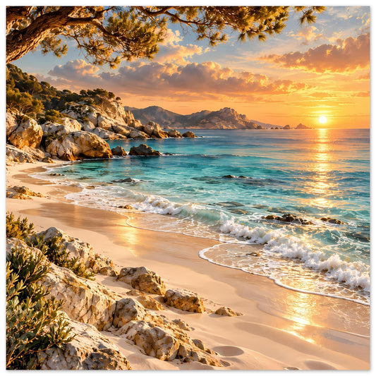 Strandlandschafts-Poster mit Sonnenuntergang, Wellen, Sandstrand, Felsen und Baumzweigen