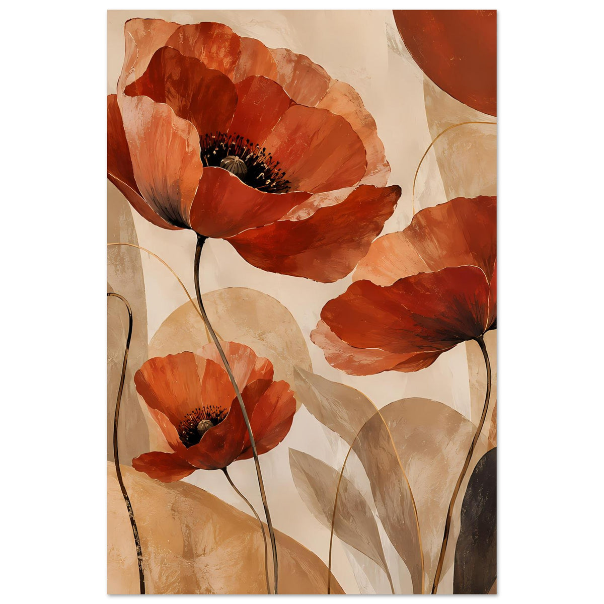 Botanisches Poster mit roten Mohnblumen, Hochformat, gerahmt, vertikal zugeschnitten