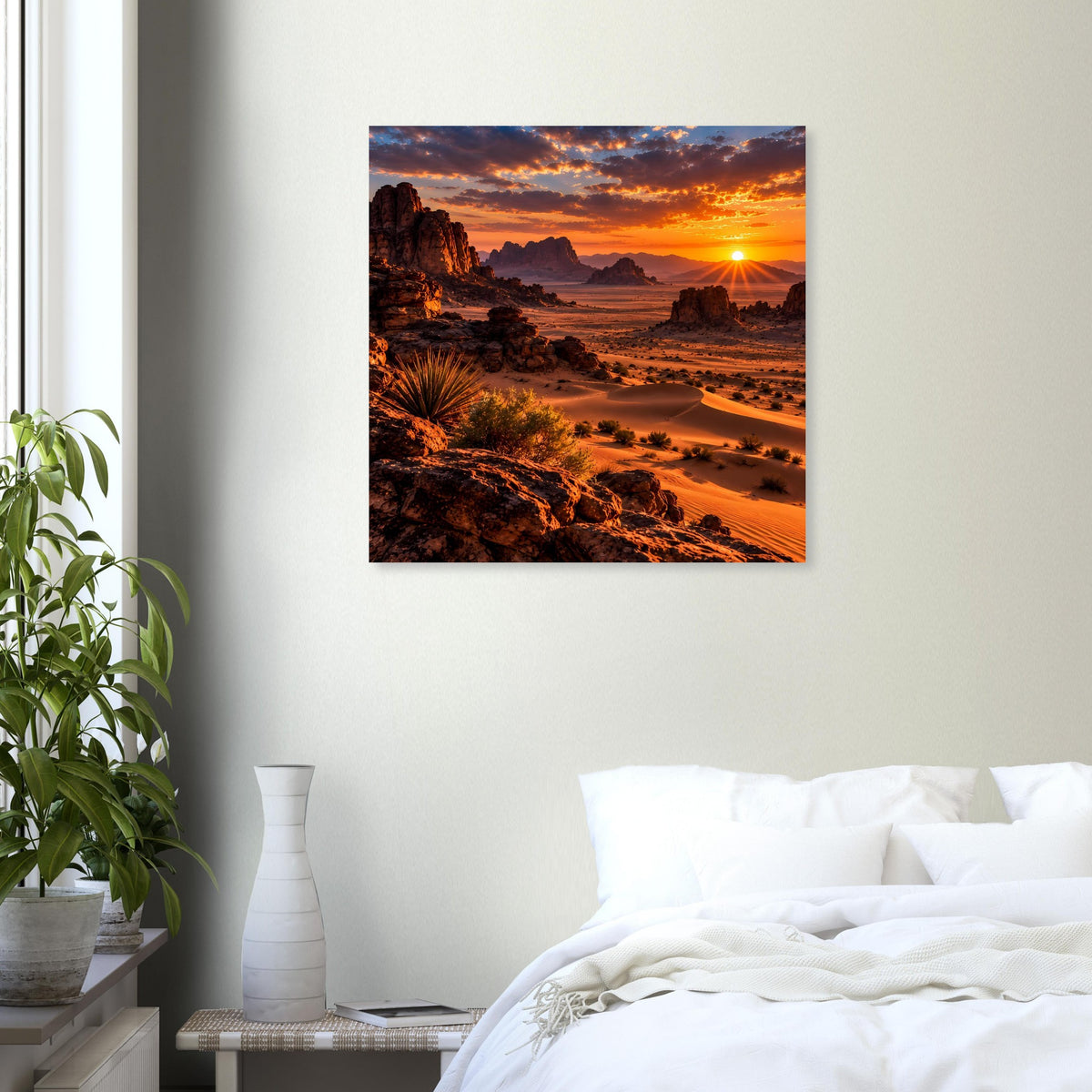 Wüstenlandschaft-Poster mit Sonnenuntergang, Sandpfaden und Felsen im warmen Braun-Orange