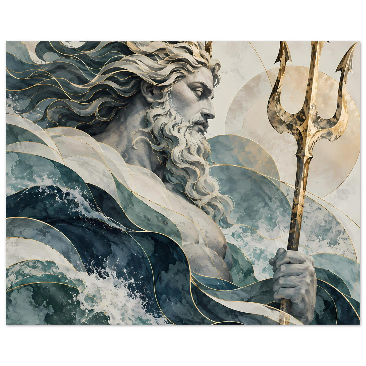 Neptun-Wandposter, Nahansicht von Gesicht und Dreizack, blaue Wasserwellen im Stil