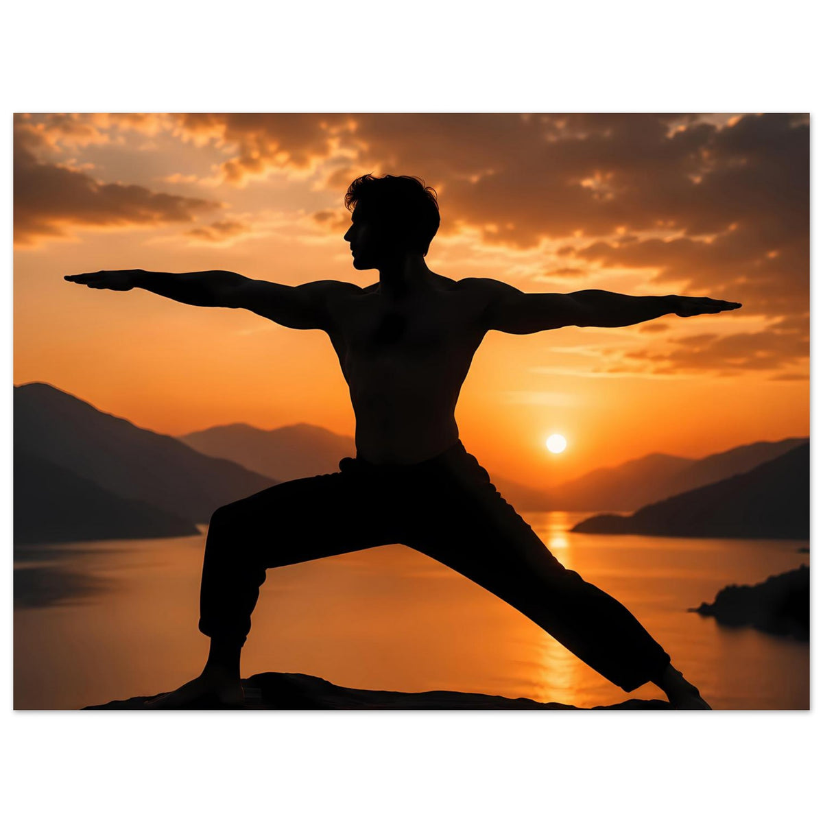 Yoga-Wandposter mit Kriegerpose: dunkle Silhouette vor Sonnenuntergangslandschaft