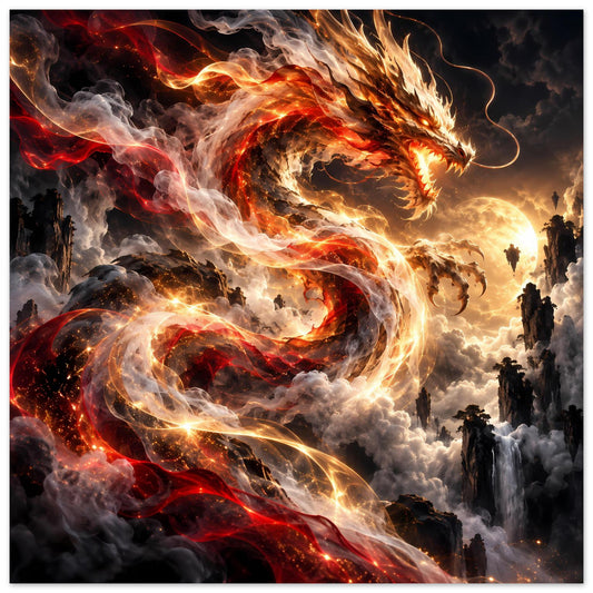 Vertikales Fantasy-Poster: feuerspeiender Drache mit rotem und goldenem Flammenwirbel