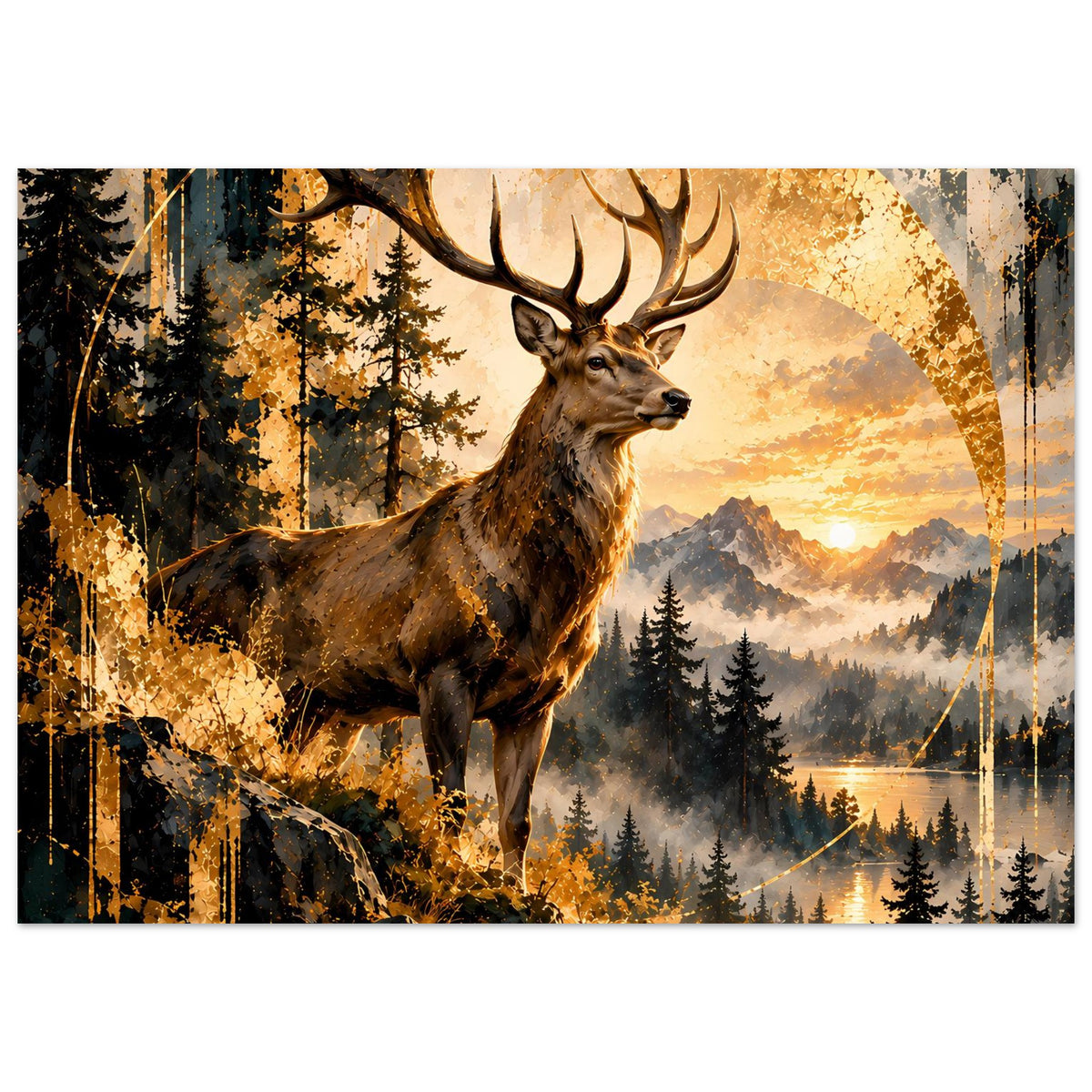 Poster mit Hirschkopf und Vorderkörper auf Fels, Hintergrund mit Wald und Sonnenkreis
