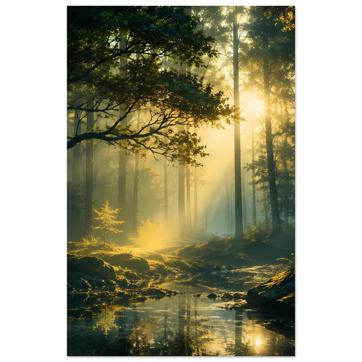 Vertikales Poster mit Waldlichtung, leuchtenden Lichtstrahlen und sanftem Nebel über dem Boden