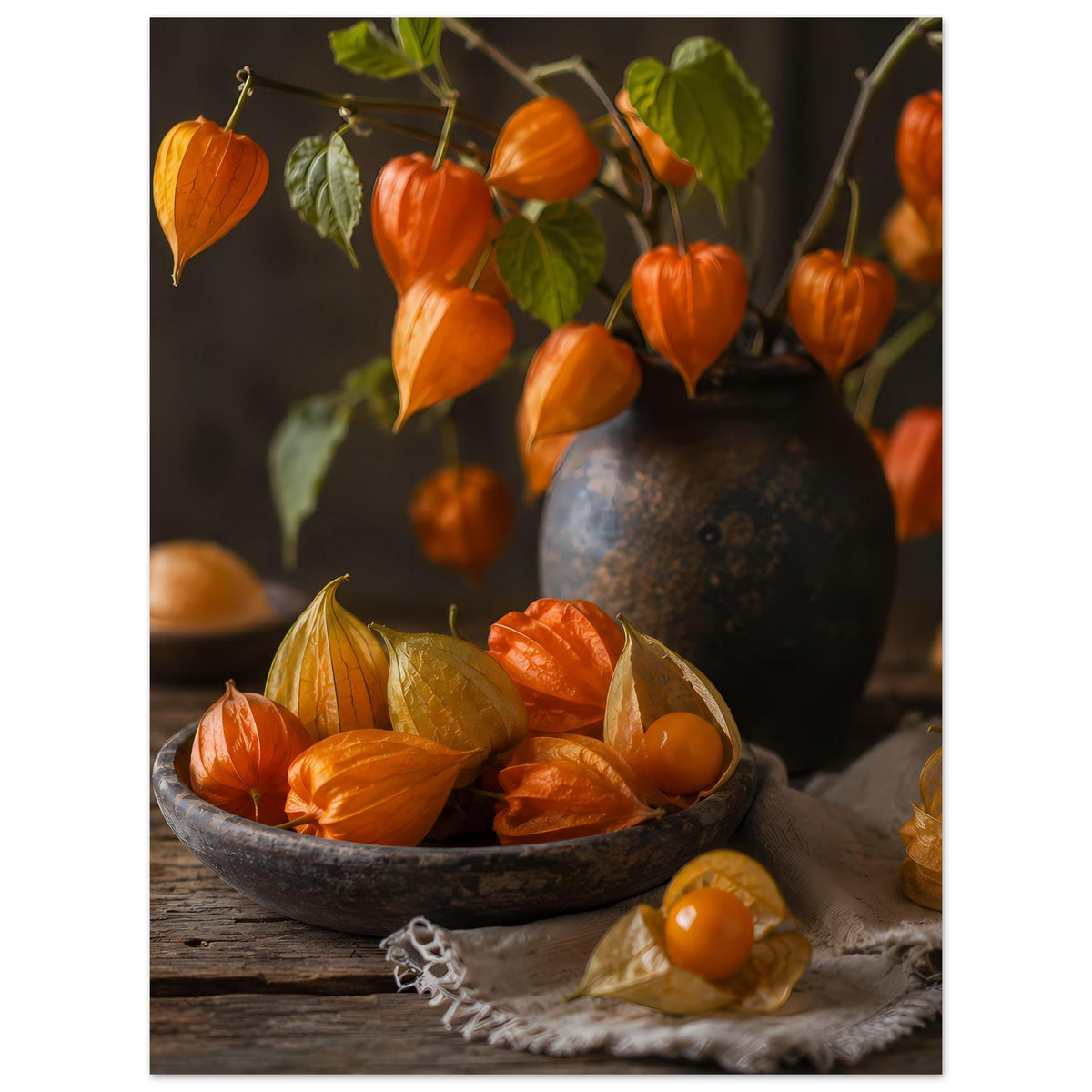 Vertikales Herbstposter mit Schüssel voller orangefarbener Kürbisse und Vase