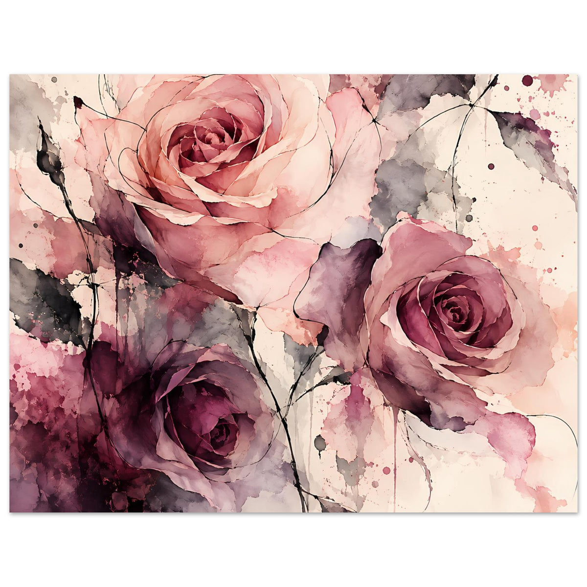 Wasserfarben-Rosenposter im Querformat: Rosen in Rosa und Violett mit abstrakten Hintergrundlecken