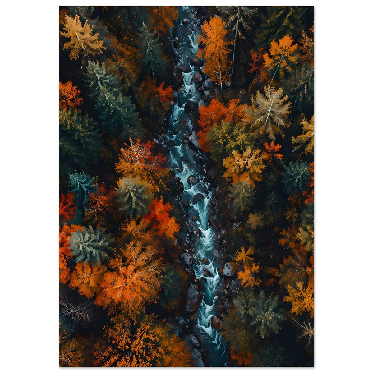 Flusswald-Poster: blauer Strom mit buntem Herbstlaub, tiefer Bildausschnitt, vertikal