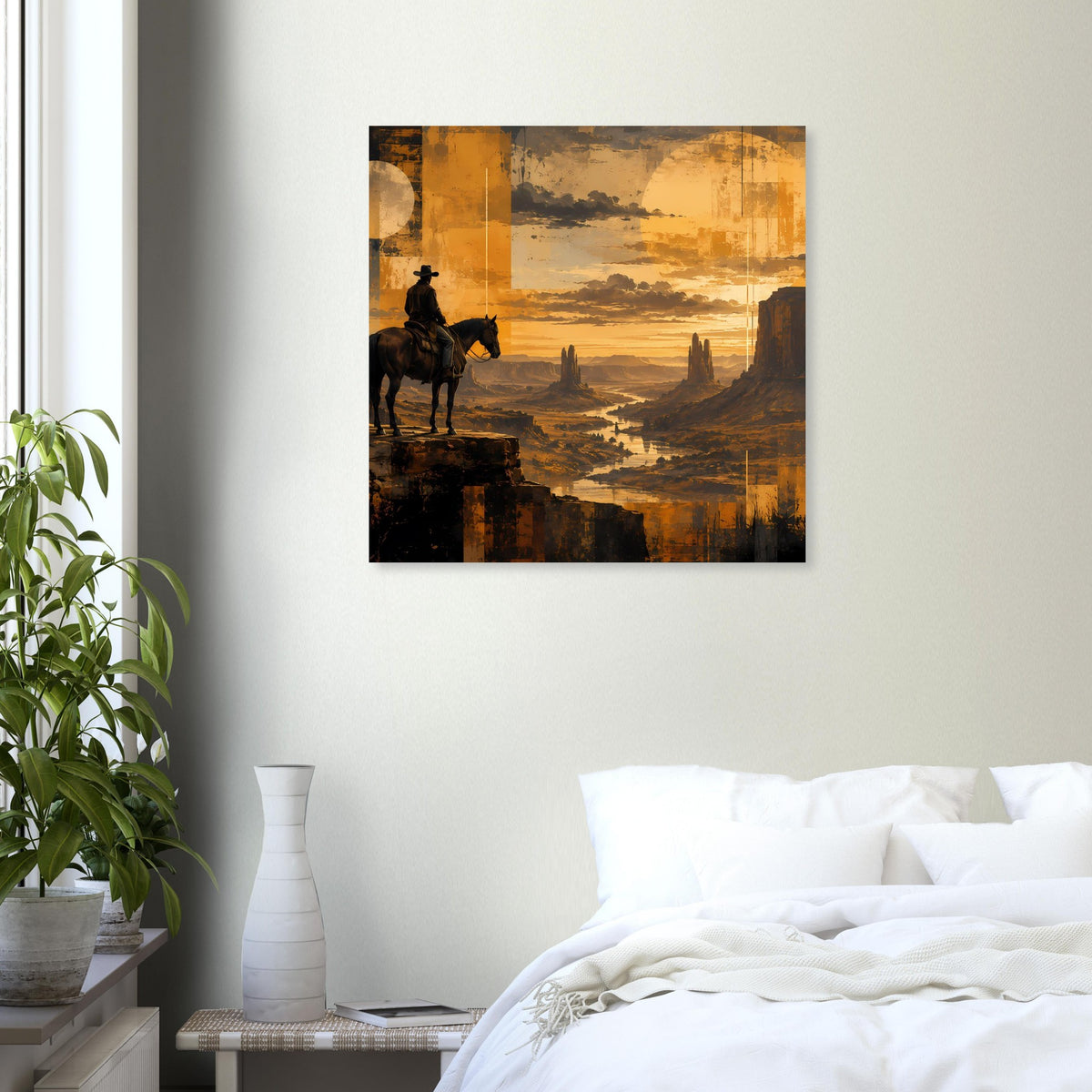 Western-Sunset-Poster mit Reiter auf Pferd am Canyon, warmes Abendlicht, schwarzer Rahmen