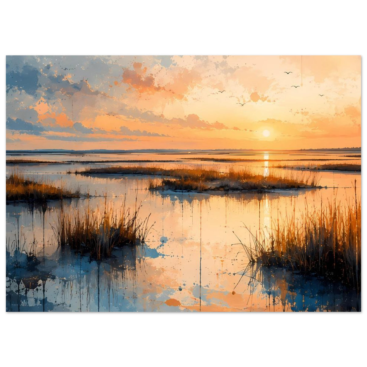 Quer wirkendes Poster mit Sonnenuntergang über Küste, Wasserreflexion, Schilf und weiter Horizontlinie.