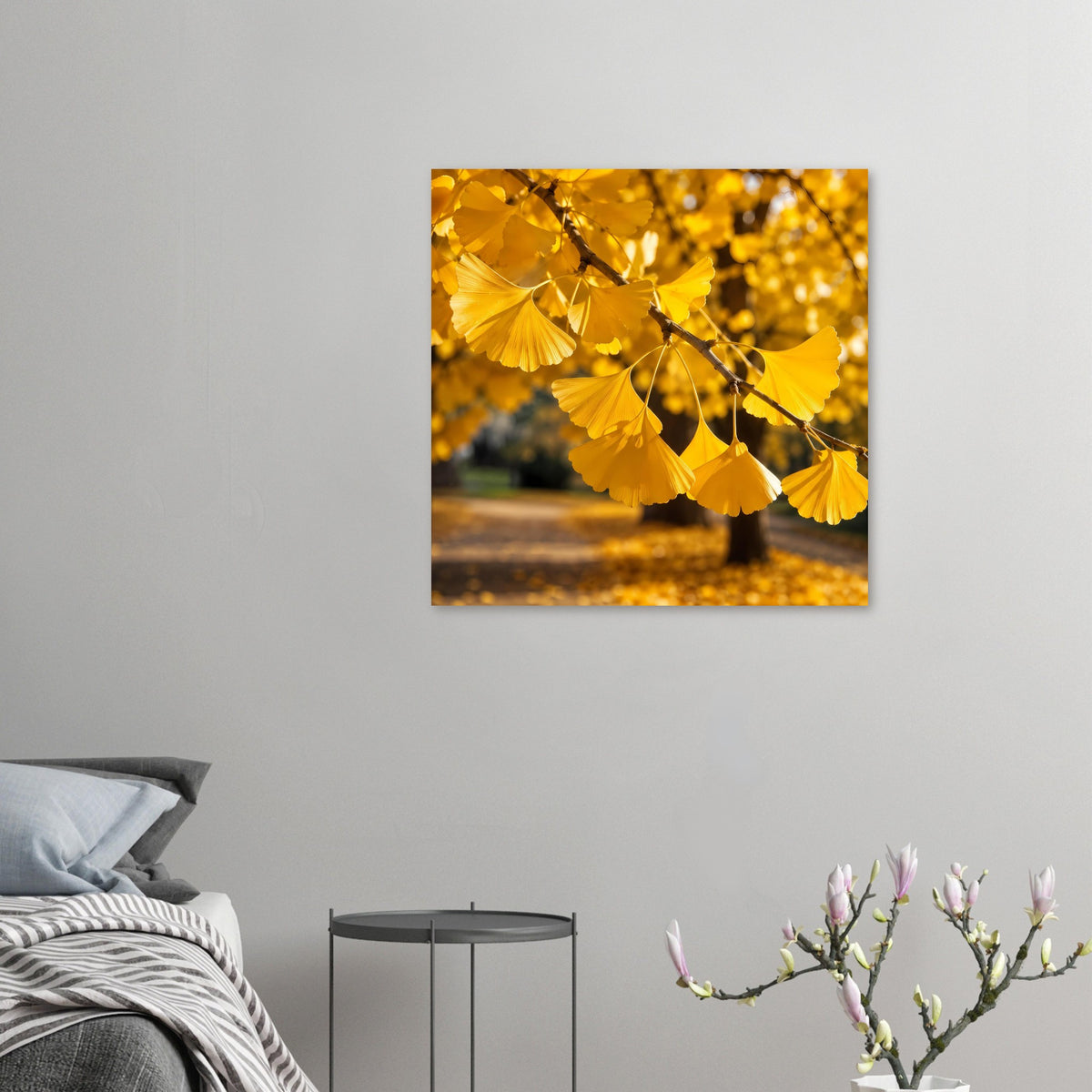 Rahmenposter mit goldenen Ginkgo-Blättern, kleiner Druck im Querformat