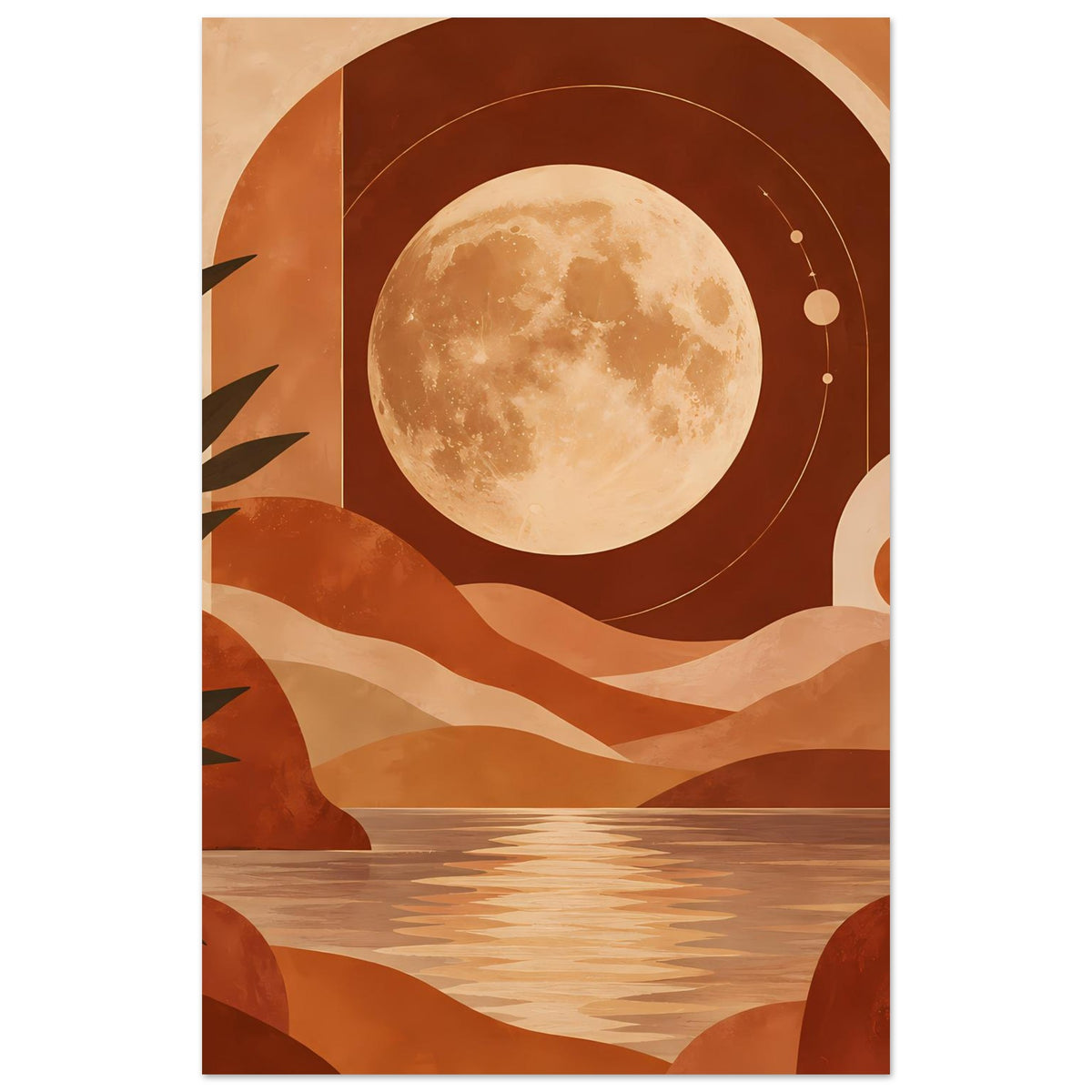 Poster mit Vollmond über Dünenmeer, Kreisbögen, Palmenblatt und Terrakotta-Tönen