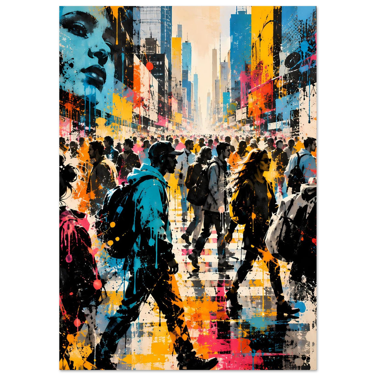 Street-Art-Poster mit farbigen Stadtwänden, Menschenmenge und markanten Spritz-Details