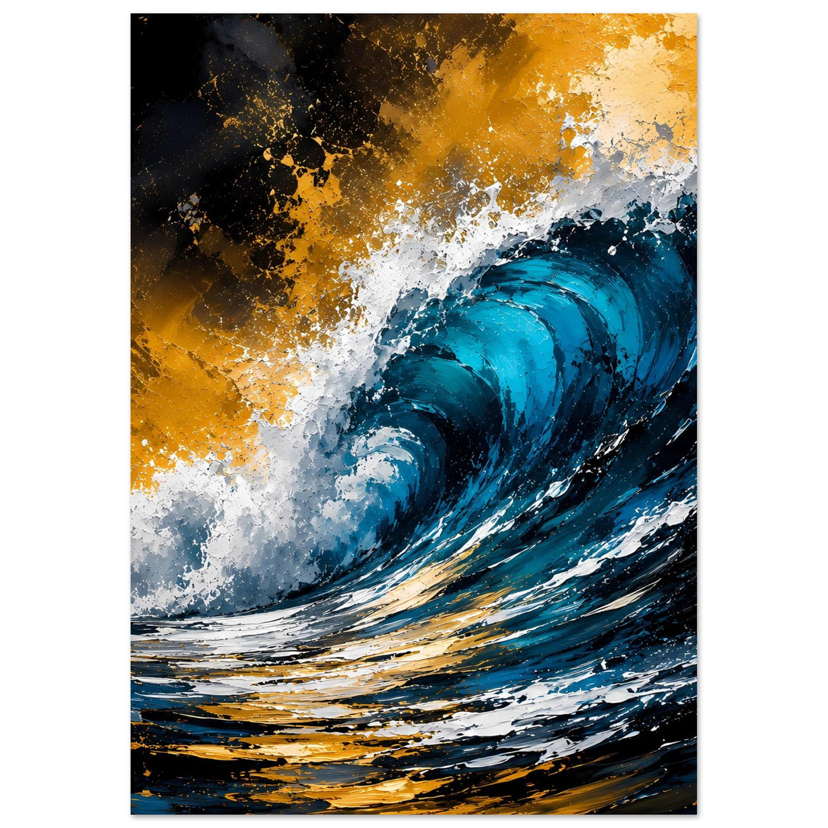 Vertikales Wellenposter: blaue Welle mit weißer Gischt, goldener Hintergrund und Spritzer